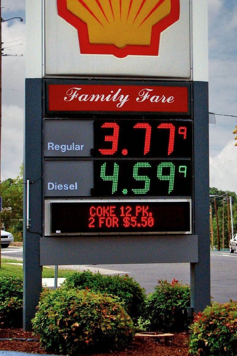 alt="LED Gas Price Sign displaying fuel prices at gas station"